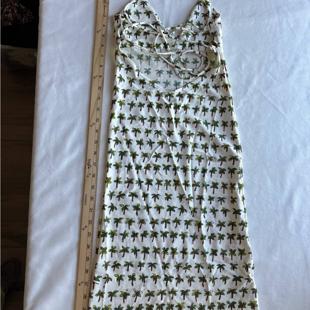 Palm-Print Mini Slip Dress in White and Green